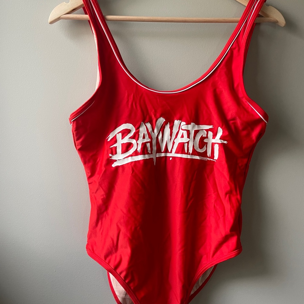A large beautiful fire truck red Baywatch swim suit sure to turn heads